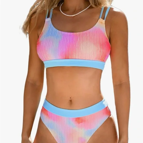 NWT, Cupshe 2-piece swimsuit, Pastel Tie Dye Colors, Size Large - Picture 3 of 6